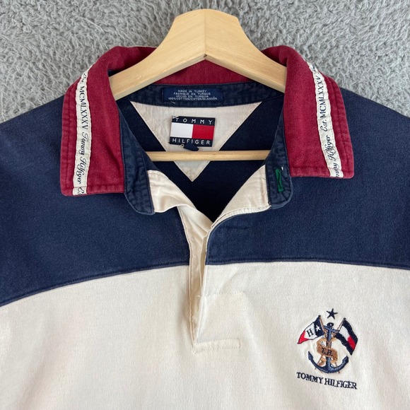 Vintage Tommy Hilfiger Rugby Shirt XL Navy Cream Striped Mens - Picture 3 of 11